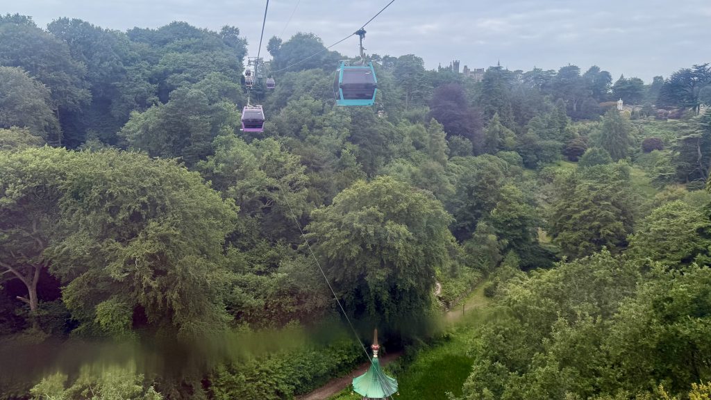 View from the cable cars with a large number of trees and a green-roof monument below.